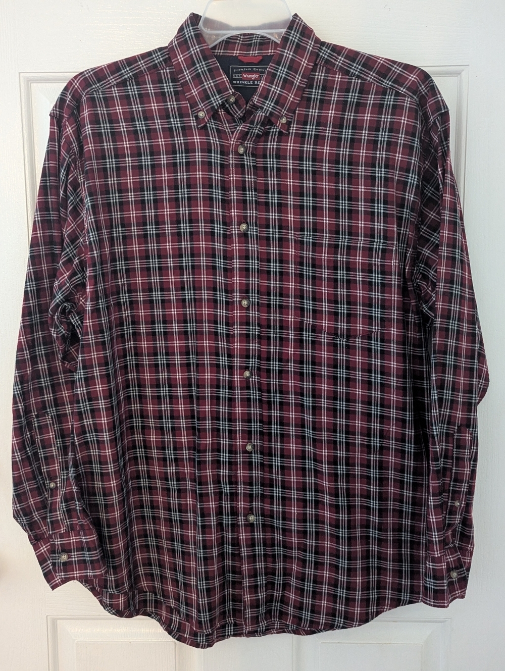 Wrangler Button Down Shirt Mens Red Plaid Western Wrinkle Resist Long Sleeve L